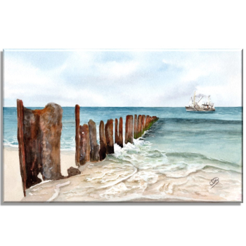 Leinwand 30 x 20 cm Keilrahmen Canvas-Leinen  Wellenbrecher Aquarell Maritim Kunst Druck Dänemark Nordsee Ostsee Düne Dünen Meer Möwe Möwen Strand